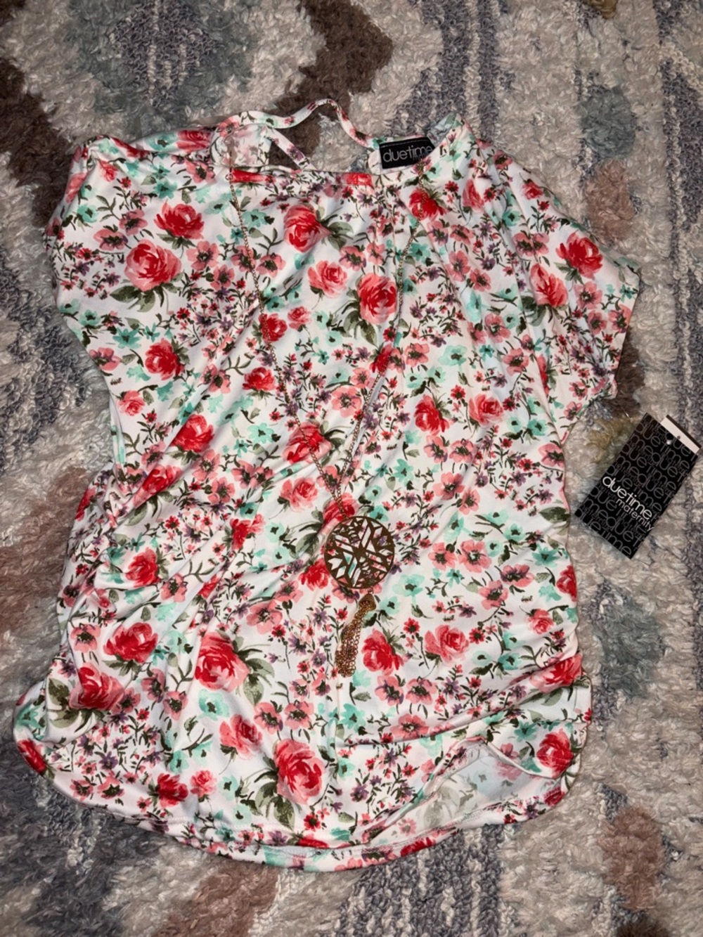 Due Time Floral Shirt with Connected Removable Necklace